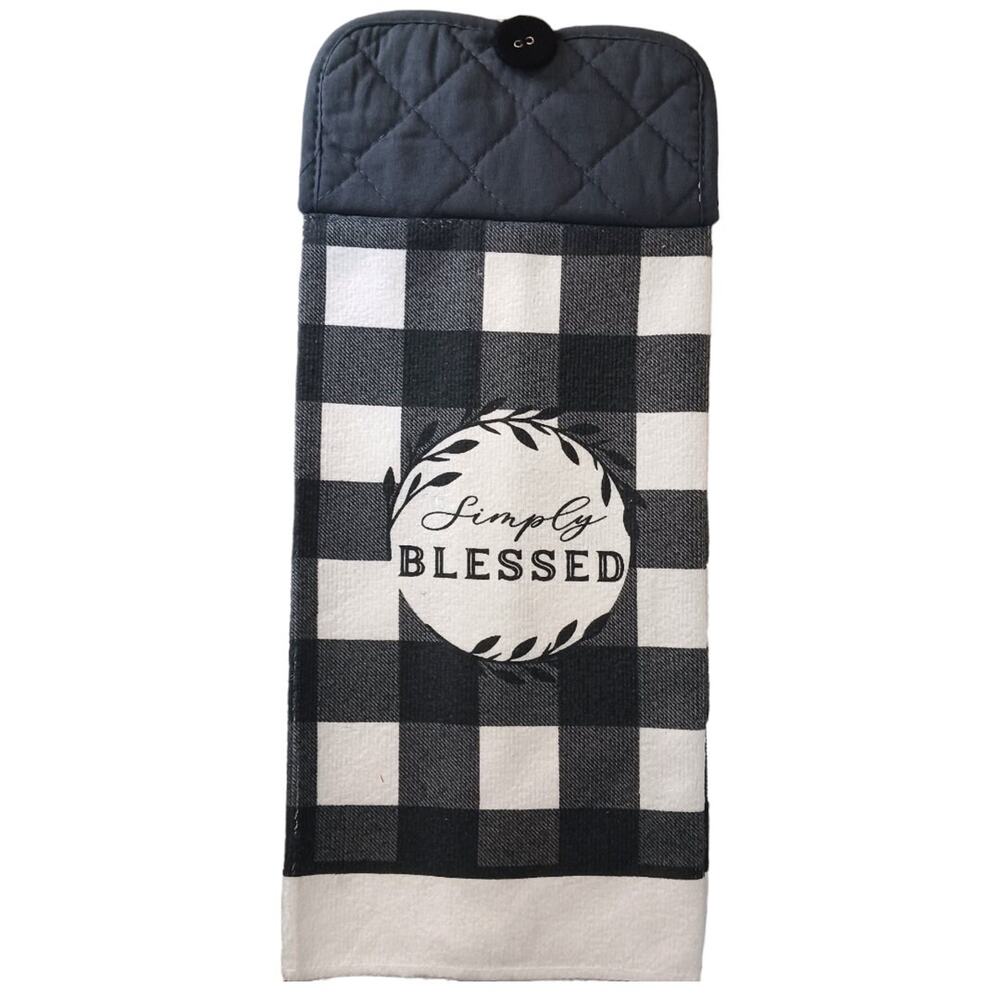 Simply Blessed Kitchen Towel HNDMDE Farmhouse Black White Buffalo Check Country